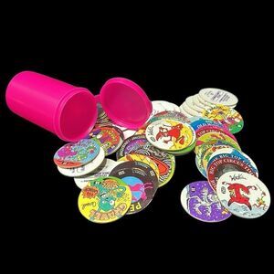 Vintage 90s Slammer Wammers Imperial POGS Set of 61 Pink Plastic Container 1994